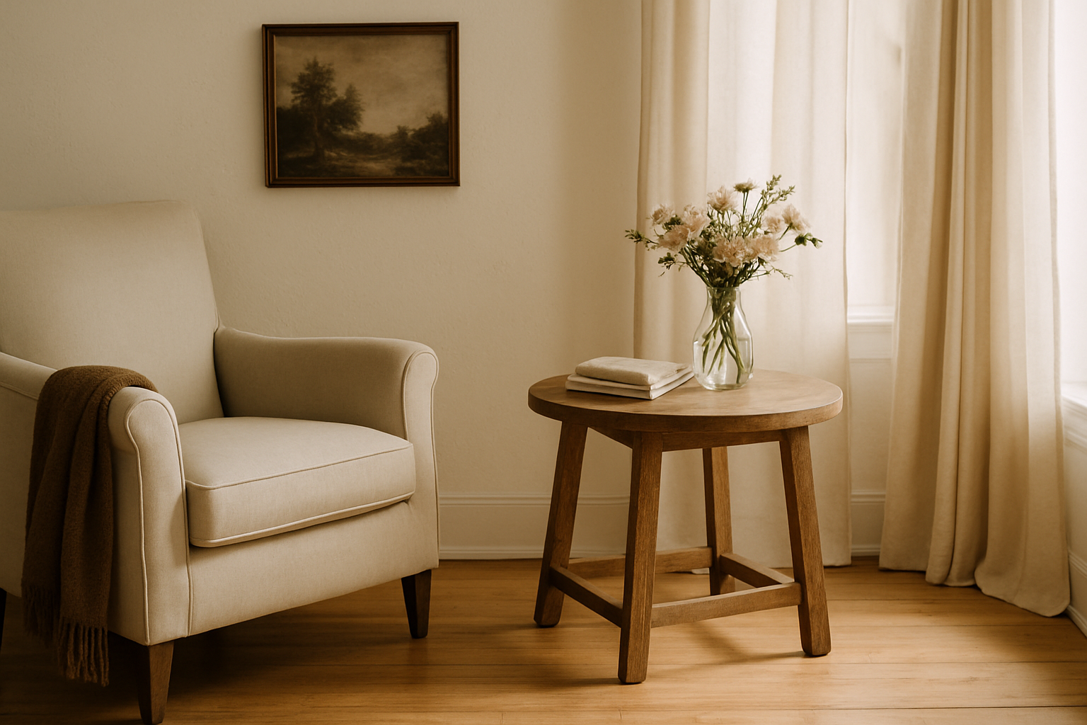 A cozy corner of a sunlit room featuring a beige armchair with a brown throw, a rustic wooden side table holding a glass vase of flowers and folded linens, soft cream curtains, and a vintage landscape painting on the wall.
