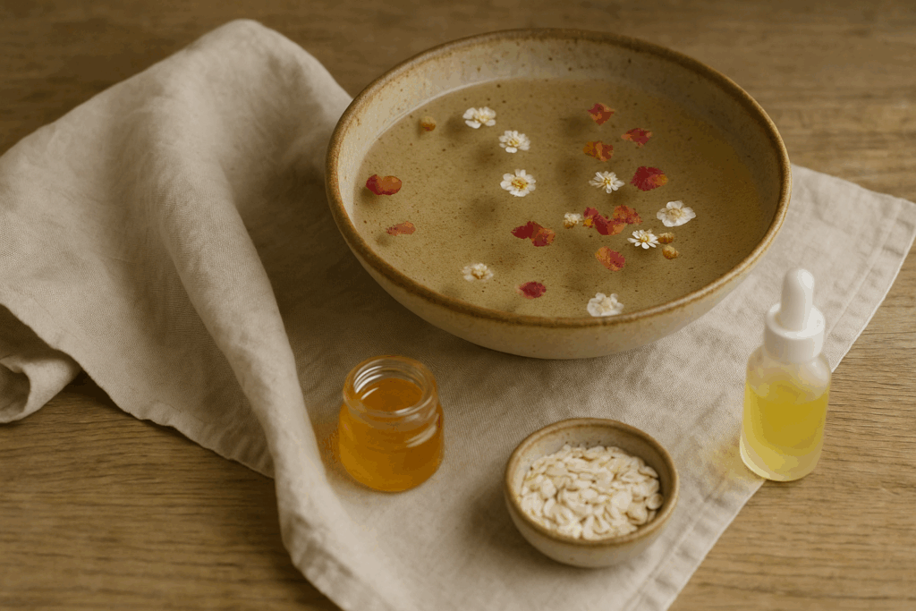 A calming skincare flat lay with a ceramic bowl of warm floral water, honey, oats, and facial oil on a linen cloth.