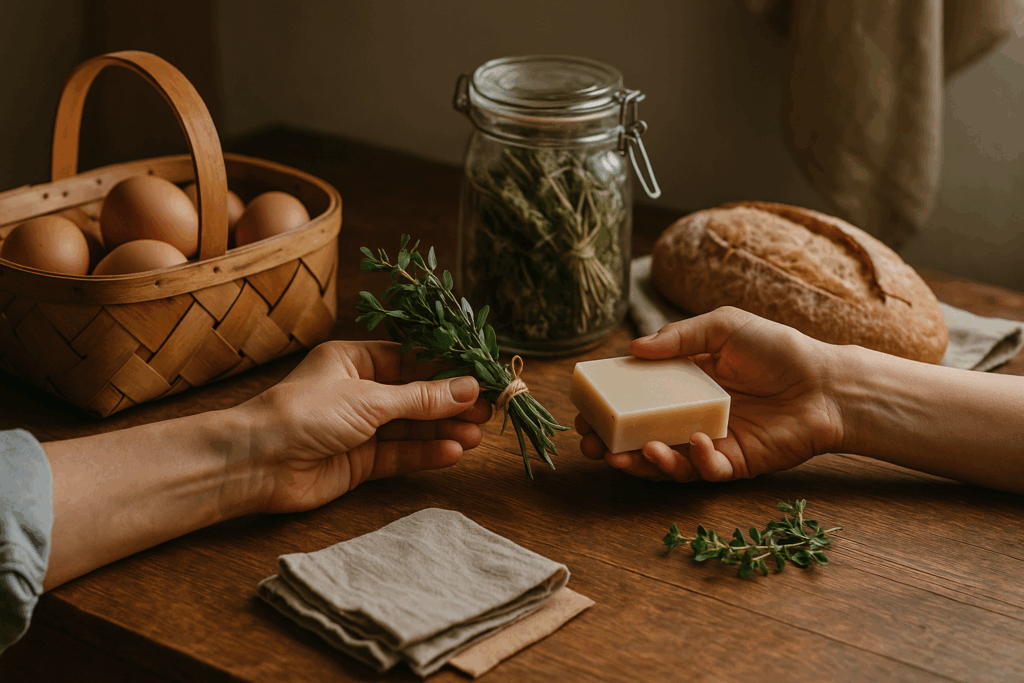 Two hands exchange a bundle of fresh herbs and a handmade bar of soap over a rustic wooden table, surrounded by a basket of eggs, a jar of dried herbs, and a loaf of bread — capturing the spirit of simple, intentional barter.