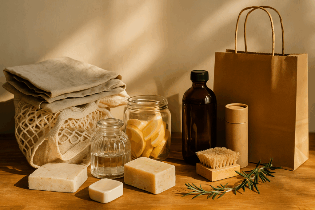 A warmly lit wooden surface displays eco-friendly household items: a cotton mesh bag with folded linen cloths, glass jars of vinegar and lemon peels, a bar of natural soap, an amber bottle, a cardboard deodorant tube, a wooden scrub brush, and a brown paper bag — evoking a mindful, low-waste approach to simple living.