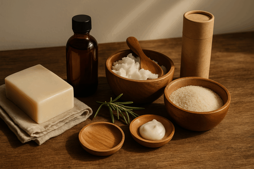 A warm, sunlit wooden surface displays natural personal care items: a bar of soap on folded linen, a jar of coconut oil, a wooden bowl of sugar, an amber glass bottle, a paperboard deodorant tube, a small dish of cream, and a sprig of rosemary — evoking a simple, earthy approach to body care.