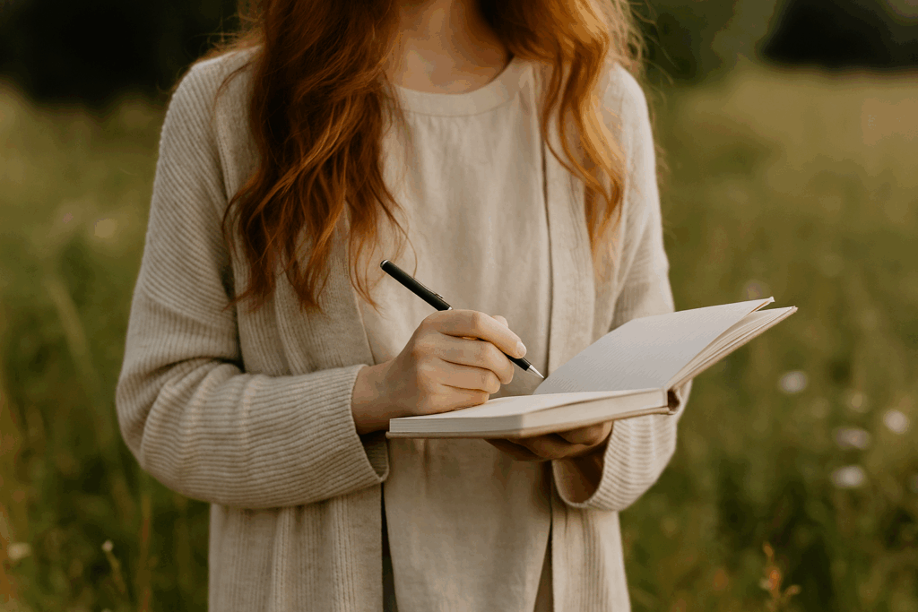 A peaceful scene of a young red-haired woman standing in soft morning light near a garden window, gently holding a journal with a slight smile on her face, surrounded by calming natural elements.