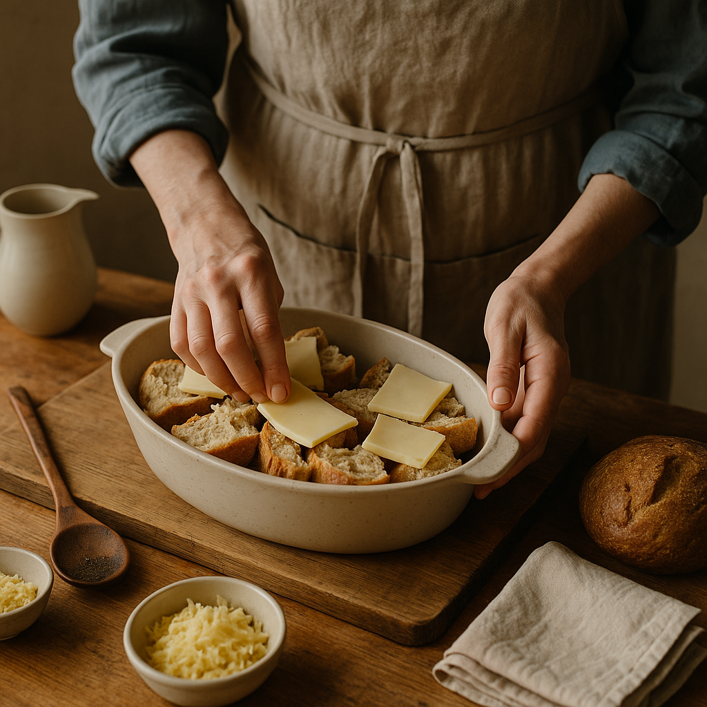A person in a linen apron places slices of cheese onto chunks of rustic bread in a ceramic baking dish, surrounded by a wooden spoon, grated cheese, and simple kitchen tools — capturing the essence of resourceful, home-cooked meals made from what’s on hand.