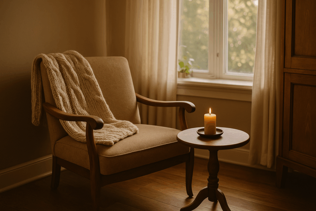 A cozy living space bathed in golden afternoon light features a vintage wooden armchair with a soft beige cushion and a chunky knit throw draped over the back. Beside it, a round wooden table holds a lit beeswax candle, and a window with sheer curtains reveals a glimpse of greenery outside — evoking peace, slowness, and the beauty of intentional home rhythms.