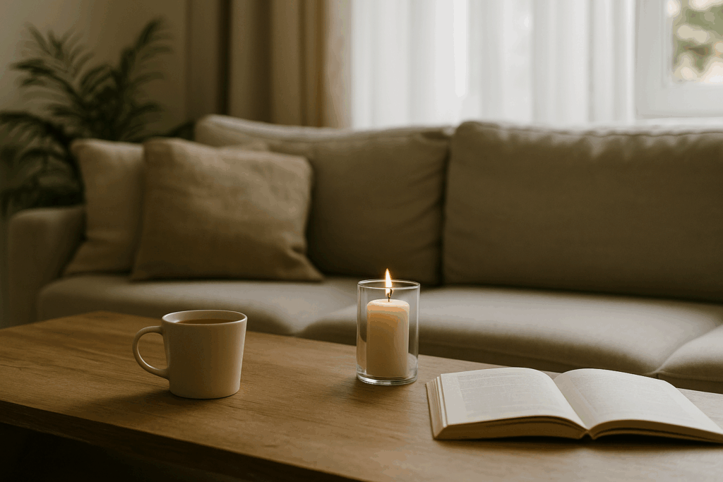 A softly lit living room corner with a cozy armchair, a glowing candle on a wooden side table, and an open Bible resting nearby, evoking a sense of peace, reflection, and quiet living.