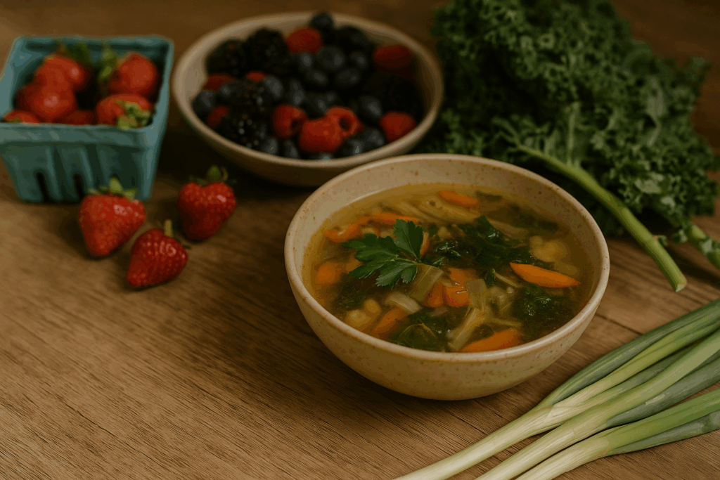 A rustic kitchen scene with vibrant fresh produce, including leafy greens, berries, and herbs, arranged on a wooden table with natural light streaming in - evoking nourishment, vitality, and simplicity.