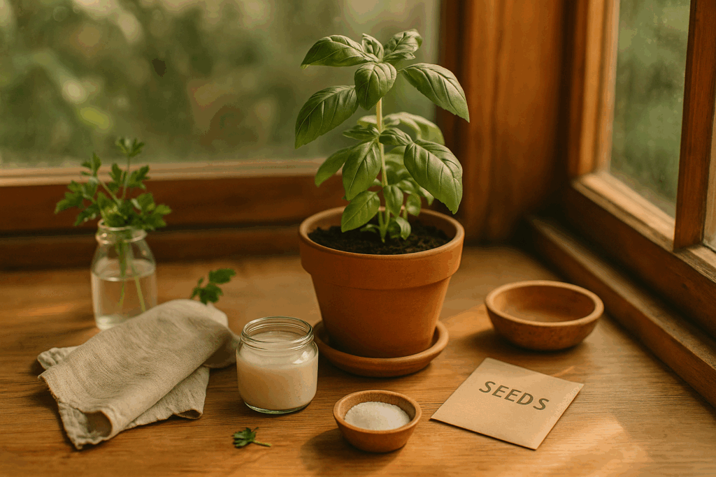 A sunlit windowsill features a healthy basil plant in a terracotta pot, surrounded by a parsley sprig in a glass of water, a linen cloth, a small jar, a dish of salt, and a brown seed packet — evoking the gentle, hopeful beginnings of natural living through homegrown herbs.