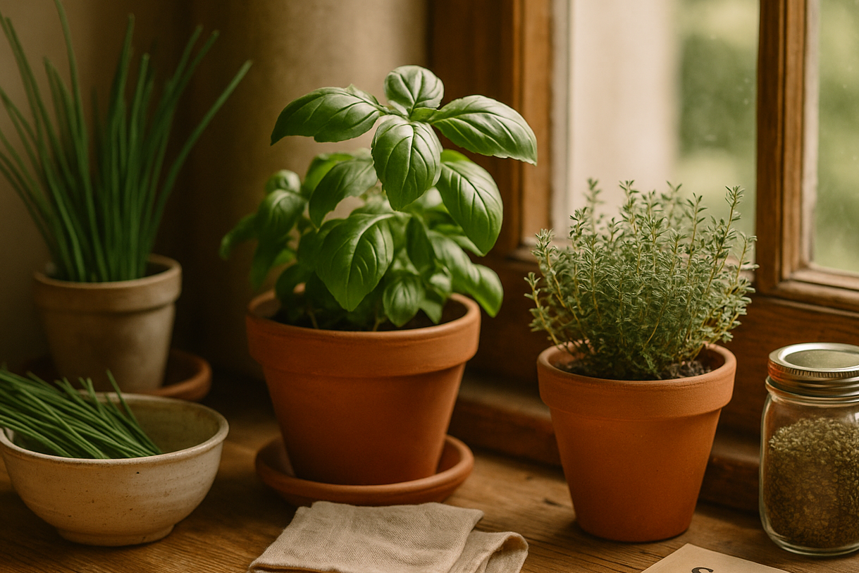 A sunlit windowsill garden displays potted herbs like basil, chives, and thyme in terracotta pots, alongside a seed packet, a jar of dried herbs, and folded cloths — capturing the simple beauty of growing food at home.