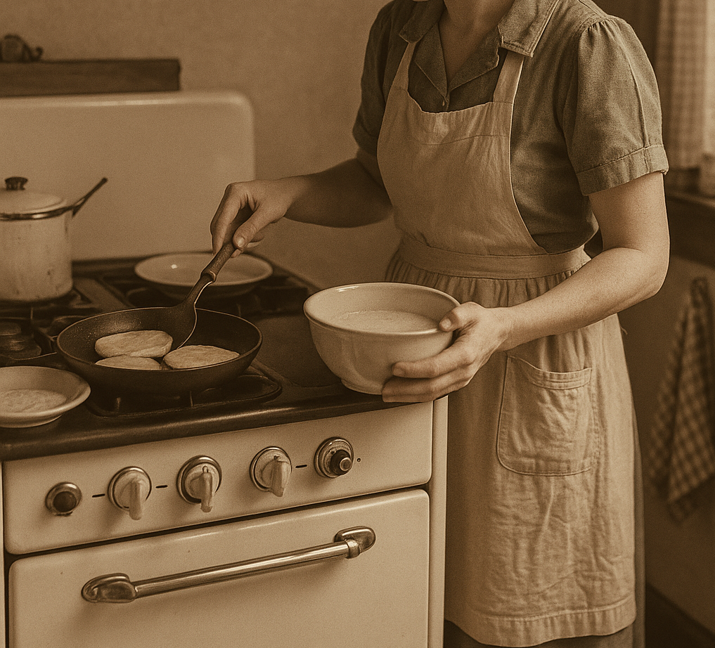A sepia-toned photo of a 1930s-era housewife in an apron flipping pancakes on a vintage gas stove.