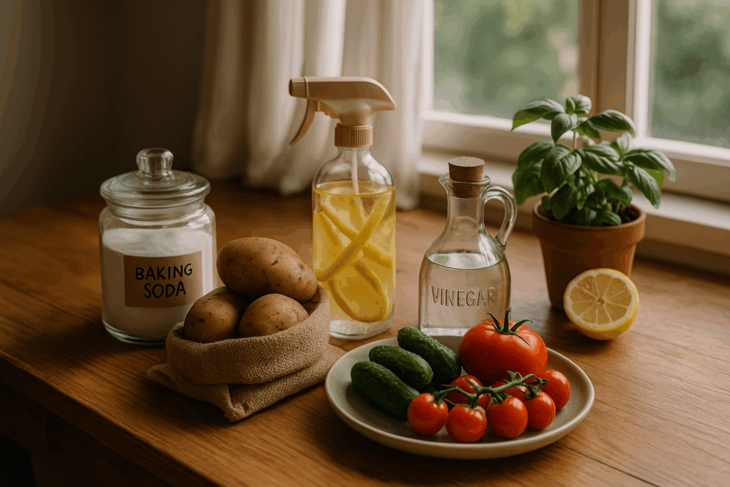 A cozy, sunlit kitchen counter displays natural living essentials: a glass jar of baking soda, a spray bottle with lemon peels, a vinegar bottle, fresh potatoes in a burlap sack, a plate of tomatoes and cucumbers, and a potted basil plant beside a halved lemon — evoking simplicity, seasonal nourishment, and intentional homekeeping.