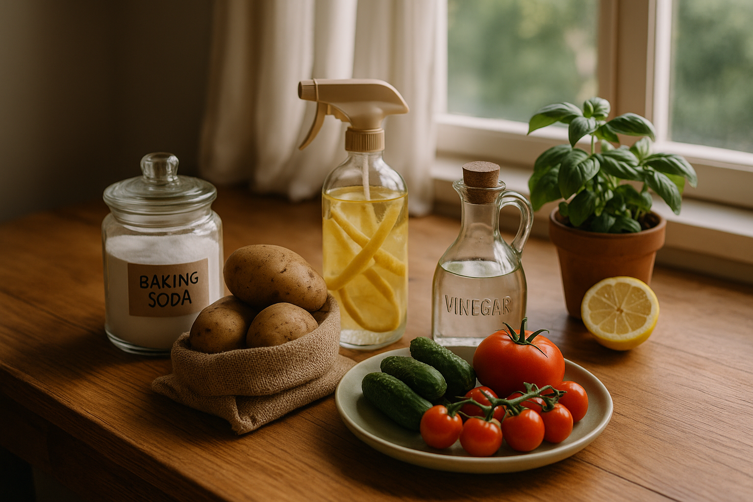 A cozy, sunlit kitchen counter displays natural living essentials: a glass jar of baking soda, a spray bottle with lemon peels, a vinegar bottle, fresh potatoes in a burlap sack, a plate of tomatoes and cucumbers, and a potted basil plant beside a halved lemon — evoking simplicity, seasonal nourishment, and intentional homekeeping.