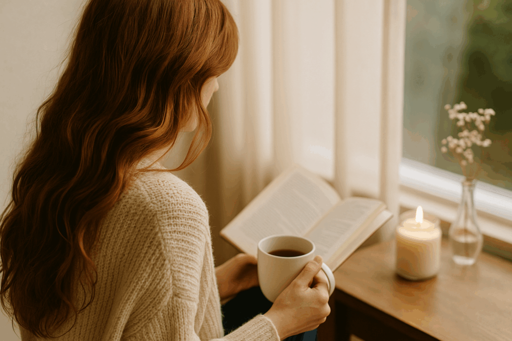 A young woman with long, wavy auburn hair sits peacefully at a wooden table in a sunlit cottage kitchen, surrounded by soft natural textures and warm morning light.