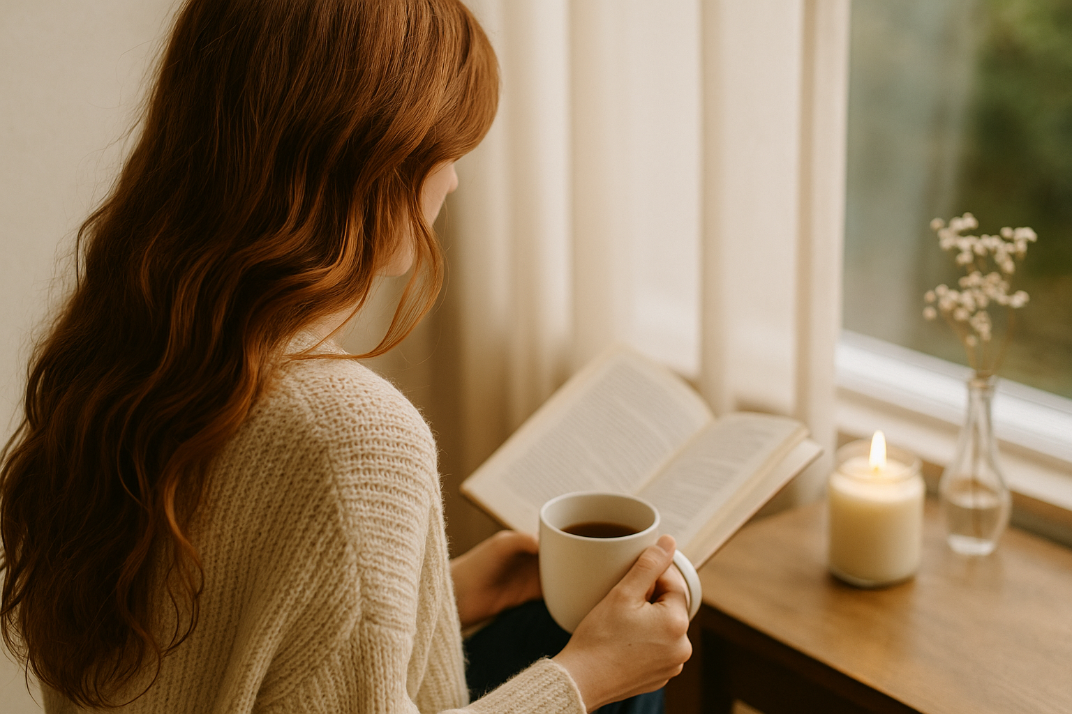 A young woman with long, wavy auburn hair sits peacefully at a wooden table in a sunlit cottage kitchen, surrounded by soft natural textures and warm morning light.