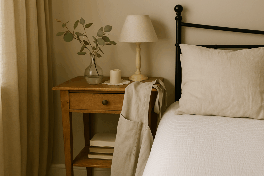 A cozy, well-lit bedroom corner featuring a neatly made bed with layered linens, a wooden nightstand holding a small vase of flowers, and soft morning light streaming through sheer curtains, evoking a calm and peaceful atmosphere.