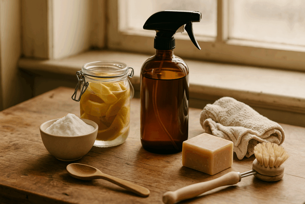 A wooden countertop displays natural cleaning ingredients in warm sunlight: a bowl of baking soda, a jar of lemon peels in vinegar, an amber spray bottle, a bar of soap, a wooden scrub brush, and folded cotton cloths — evoking a peaceful, simple approach to home care.