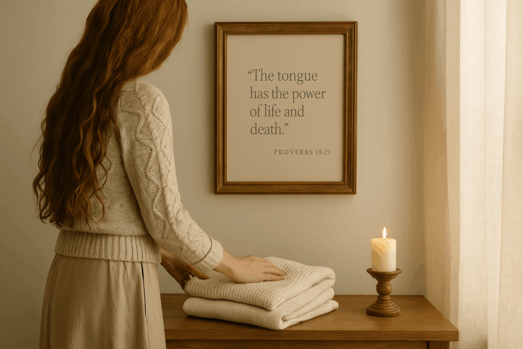 A young red-haired woman stands in a warmly lit, peaceful kitchen with soft natural light, holding a mug of tea and gazing thoughtfully out the window.