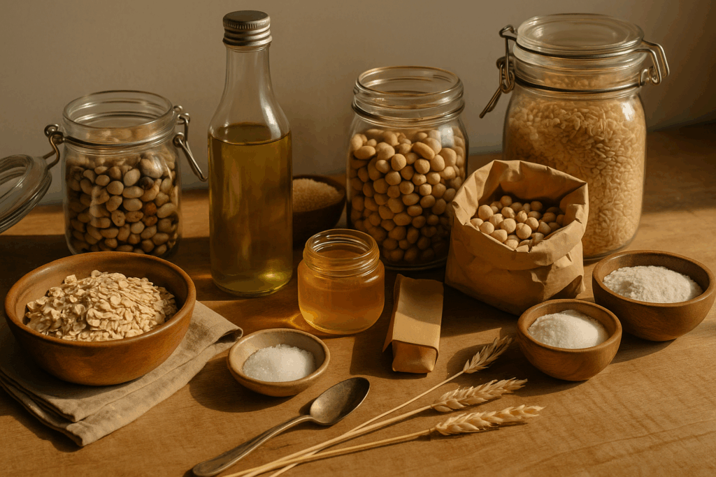 A sunlit wooden surface displays natural pantry staples including a terracotta bowl of rolled oats, jars of dry beans and rice, a glass bottle of olive oil, a small jar of honey, paper-wrapped soap, bowls of salt and sugar, and a bundle of wheat stalks — evoking warmth, simplicity, and seasonal home cooking.