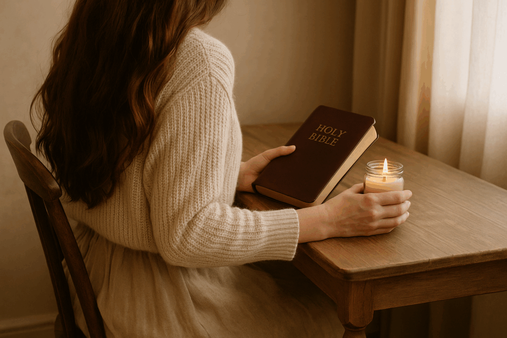 A soft, contemplative scene showing a woman in a cozy cream sweater, seated on a wooden floor beside a sunlit window. She holds an open book in her lap while a warm beverage rests nearby. The atmosphere is serene, with soft natural light casting gentle shadows and highlighting the peaceful moment of quiet devotion or reflection.