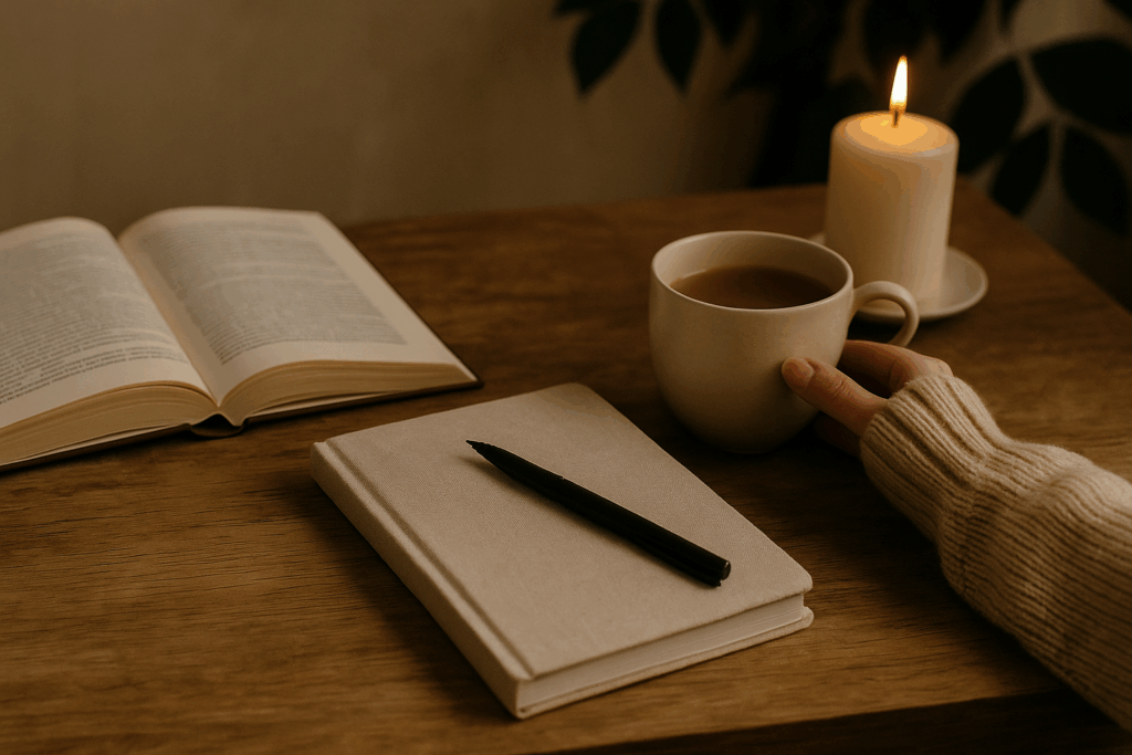 A peaceful, contemplative flat lay from a Sunday reset, featuring an open journal, a Bible, a warm cup of tea, and a lit candle on a linen-draped table. Set in soft natural light, evoking a sense of soul-tending and quiet reflection.