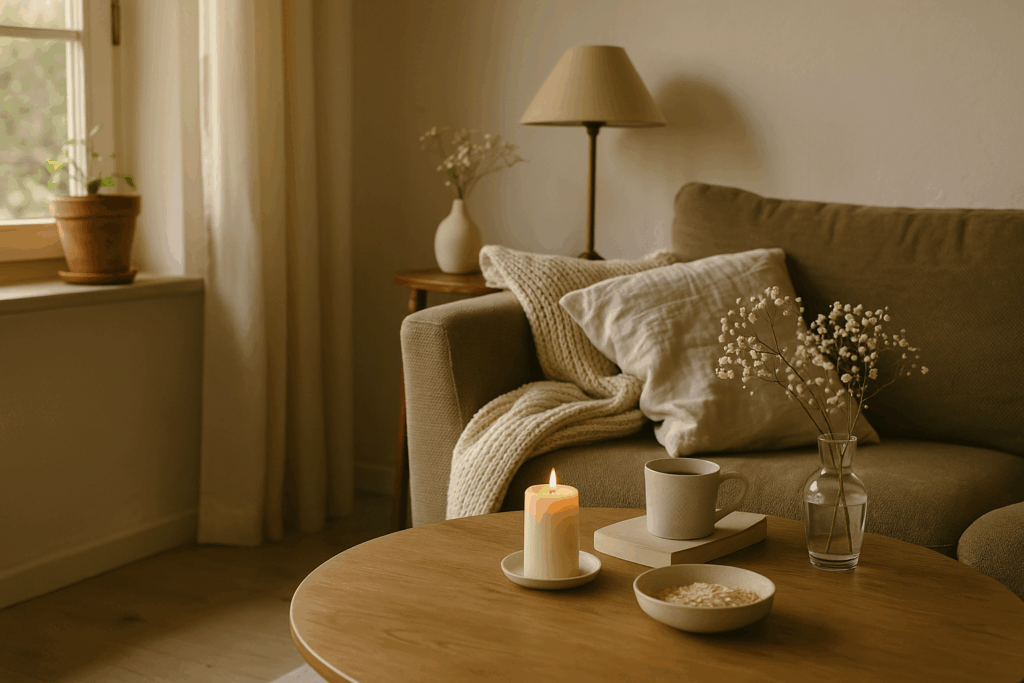 A softly lit living room during daytime, featuring a cozy armchair, warm wooden accents, and gentle natural light filtering through a window.