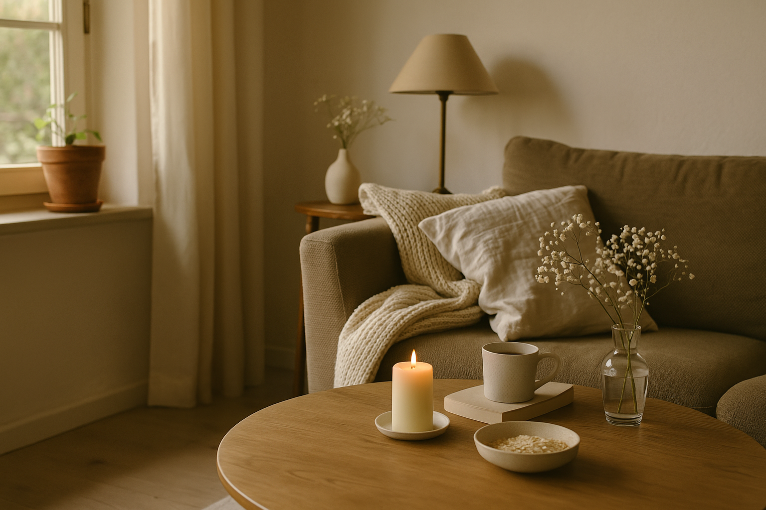 A softly lit living room during daytime, featuring a cozy armchair, warm wooden accents, and gentle natural light filtering through a window.