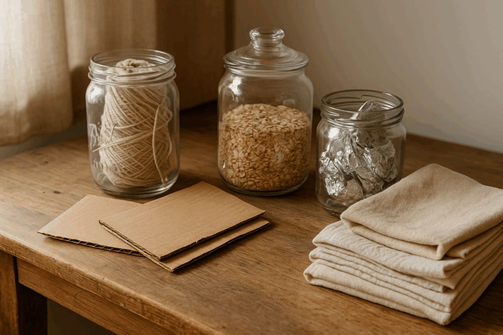 A cozy wooden table holds three glass jars filled with string, oats, and crumpled foil, alongside folded cloth rags and pieces of cardboard, all bathed in warm natural light — symbolizing the practice of reusing and repurposing everyday items.